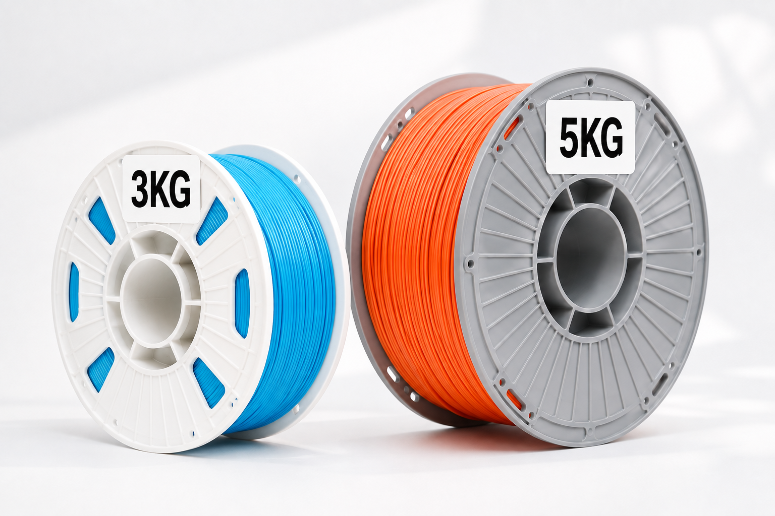Blaue 3-kg- und orangefarbene 5-kg-Filamentspulen mit großen kontrastreichen Gewichtsangaben