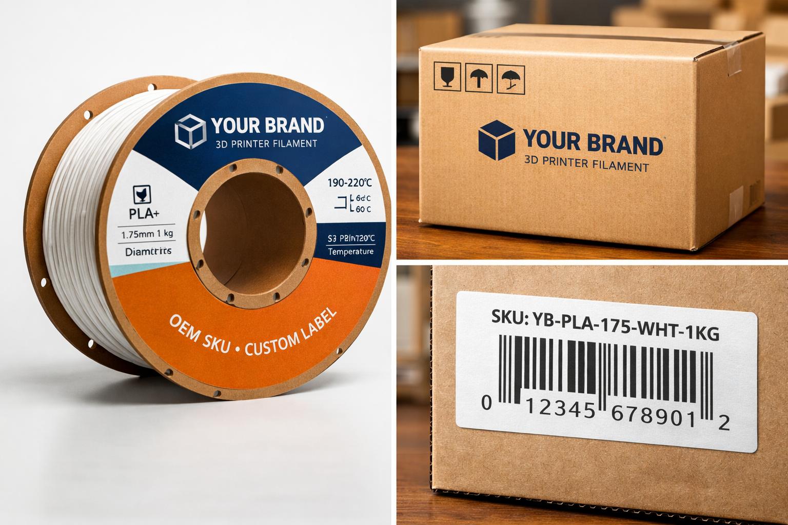 Private-Label-Filament mit Marken-Umkarton und individuellem SKU-Barcode-Etikett