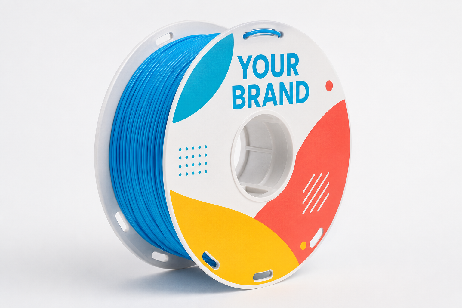 Leuchtend blaue Filamentspule mit farbigem Markendesign und dem Schriftzug YOUR BRAND