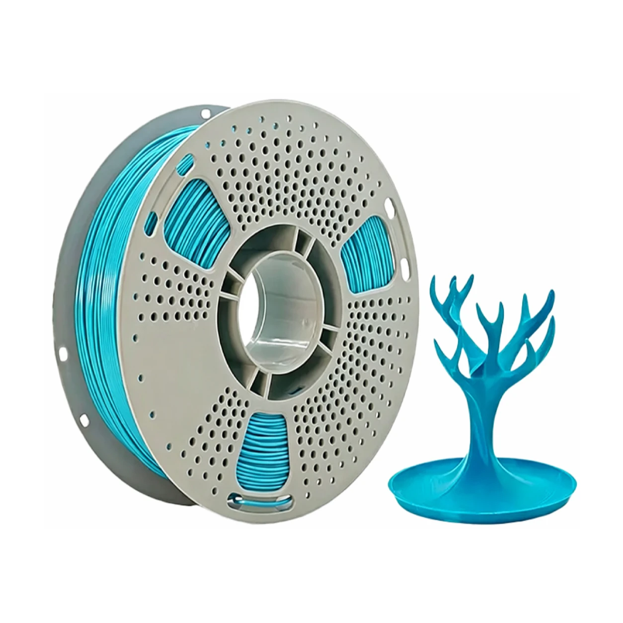 Cyan blue PLA plus filament spool with a cyan blue deer print