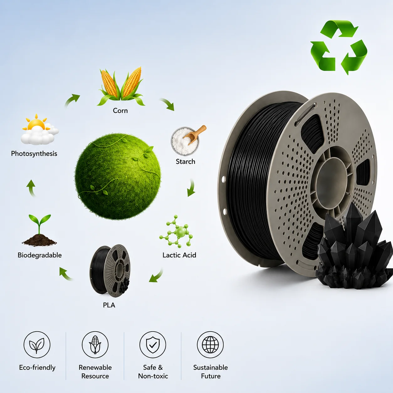 PLA-Materialkreislauf von Mais und Stärke bis zum Filament