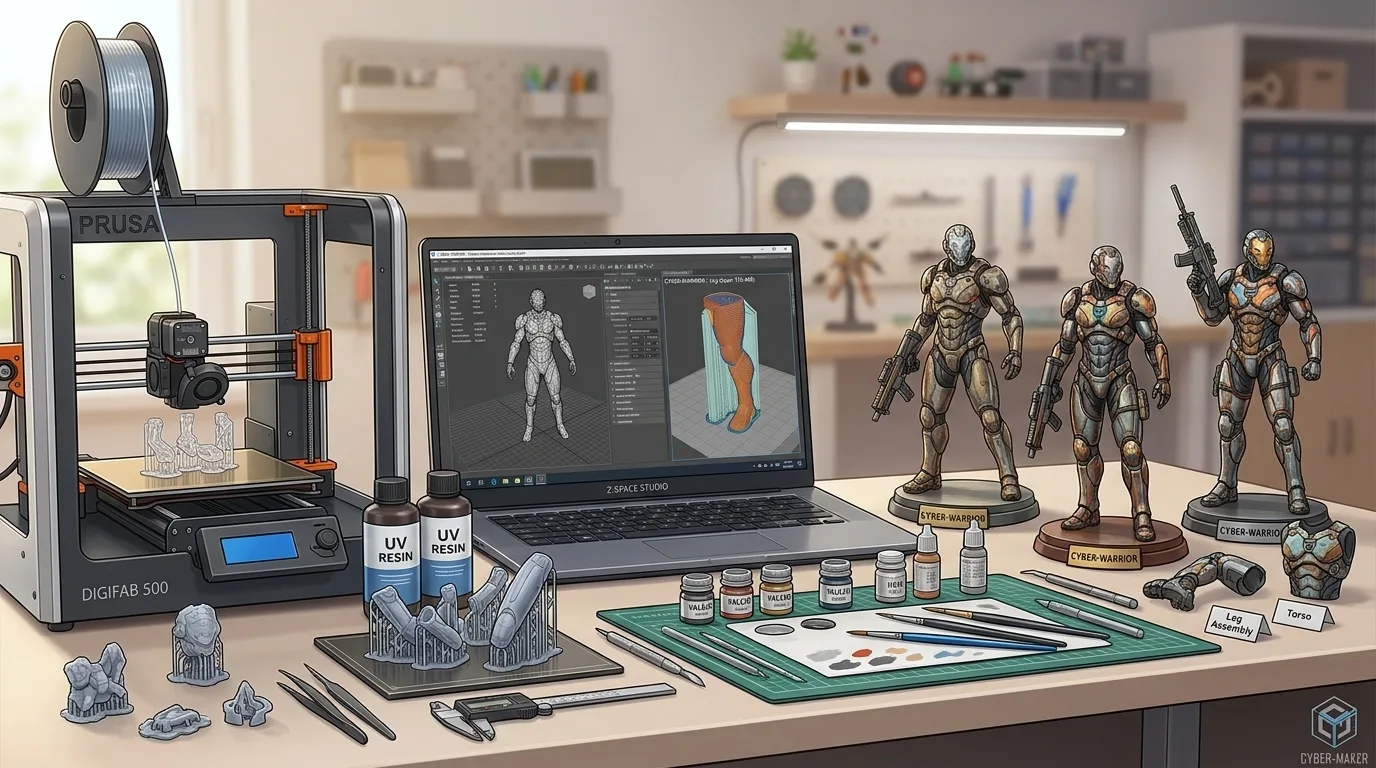A 3D printer next to a computer showing a 3D figurine model and a finished painted physical figurine