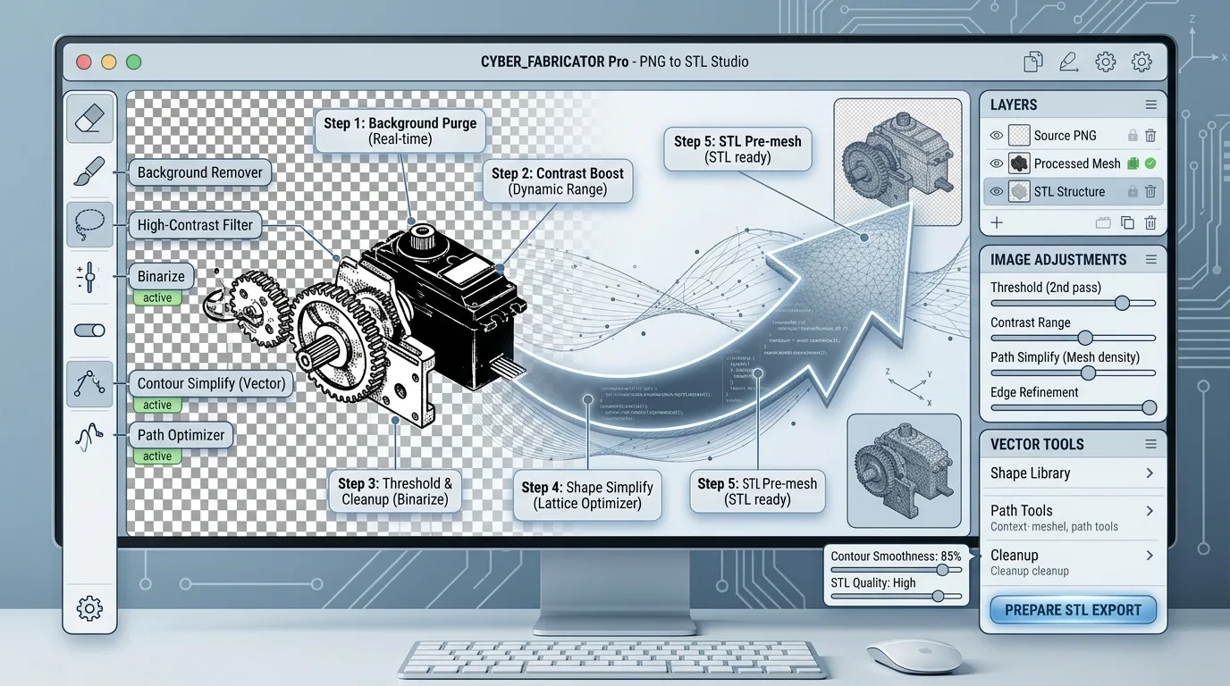 Illustration of an image editing interface cleaning a PNG background, increasing black-and-white contrast, and simplifying outlines