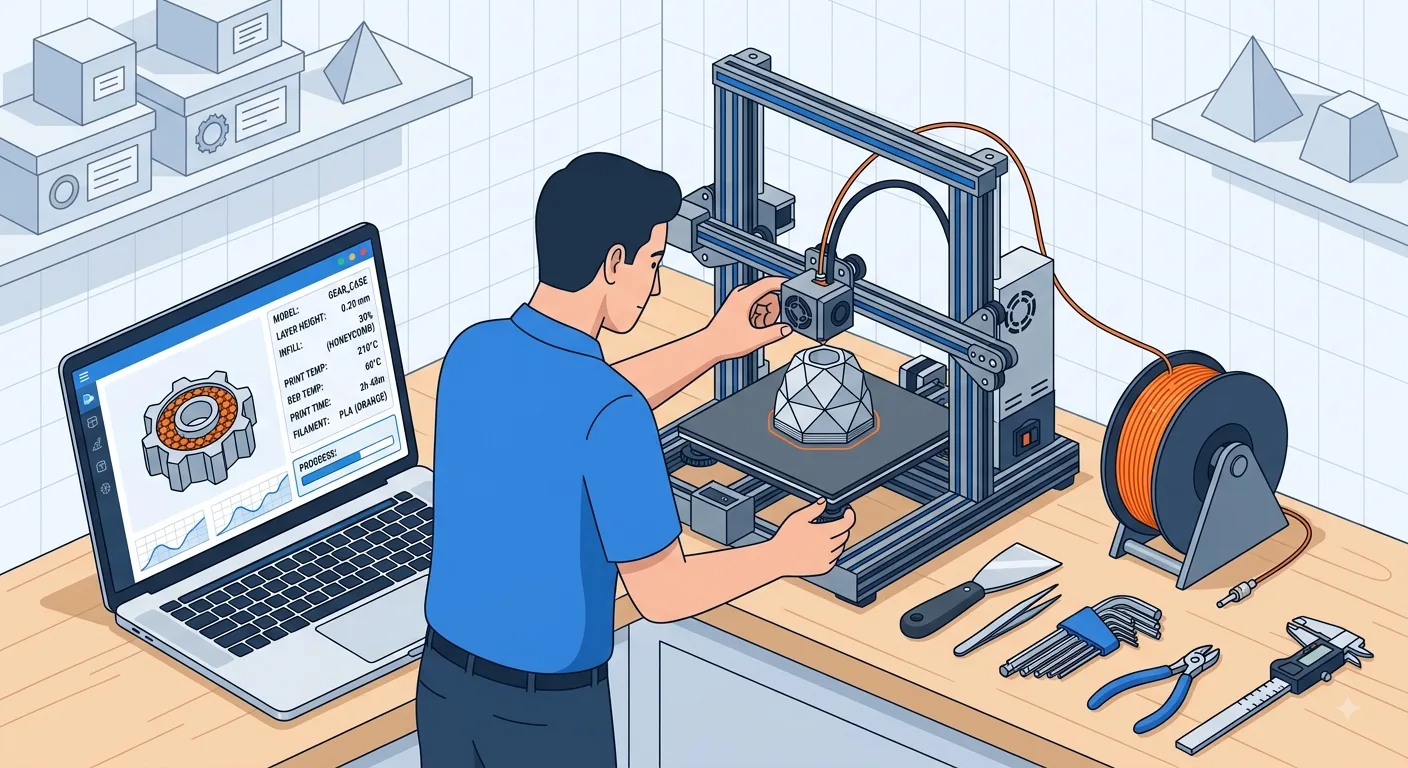 A user checking the 3D printer bed, nozzle, filament, and tools, with slicing software displayed on a computer screen