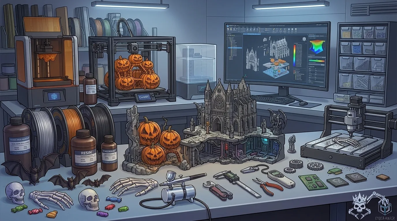 A computer screen showing multiple Halloween 3D model thumbnails, with finished pumpkin and ghost prints on the desk nearby
