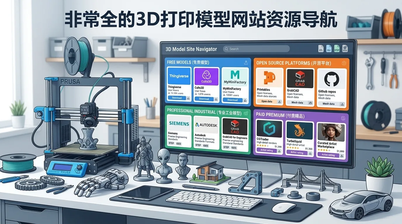 A desktop setup with a 3D printer, finished prints, and a computer screen showing multiple model websites, presenting a full view of resources from free models to professional libraries