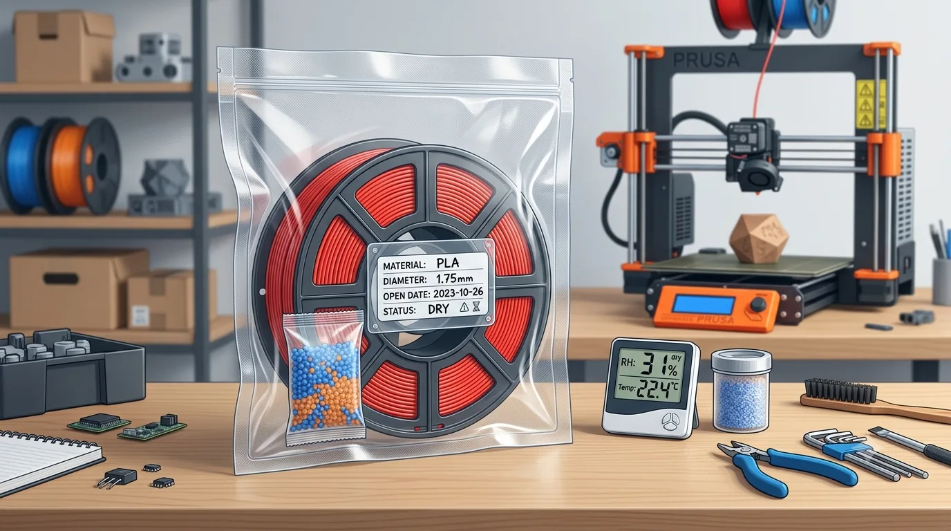 A spool of 3D printer filament placed inside a clear vacuum bag with desiccant and a humidity indicator card