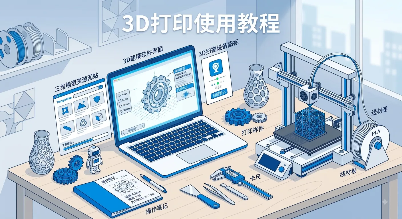A computer screen showing icons for multiple 3D model websites, modeling software, and scanning devices