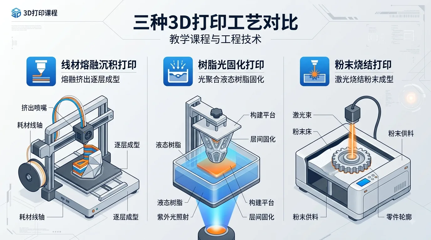 Three different types of 3D printers displayed side by side: a fused deposition printer, a resin photopolymerization printer, and an industrial powder-based printing system
