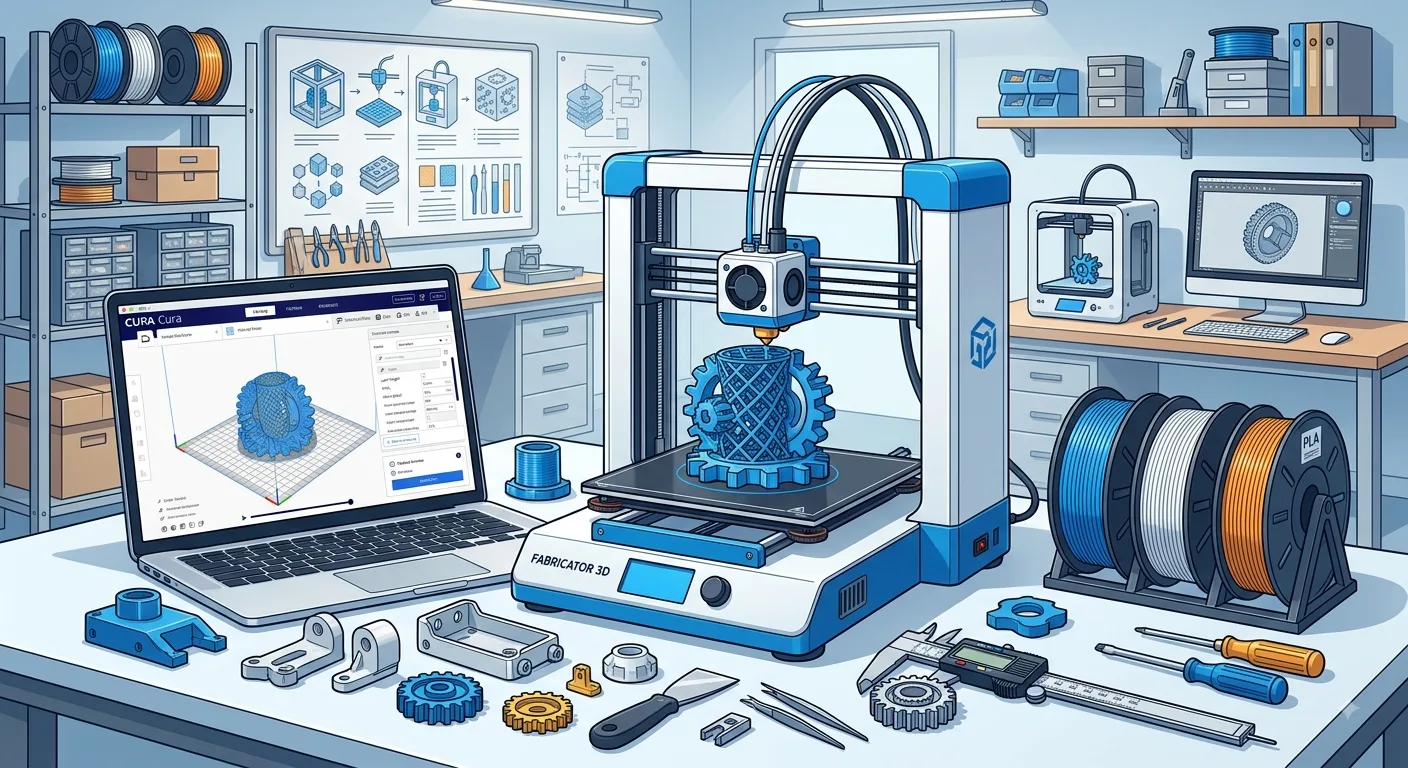 A desktop 3D printer printing a model, with filament spools, tools, and a computer nearby