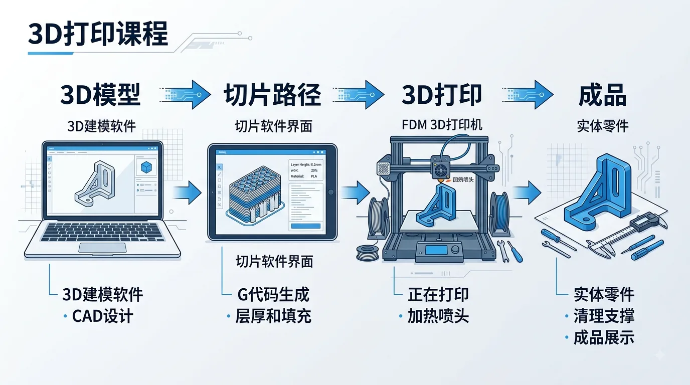 Diagram showing a digital 3D model sliced into layers and built into a physical object layer by layer