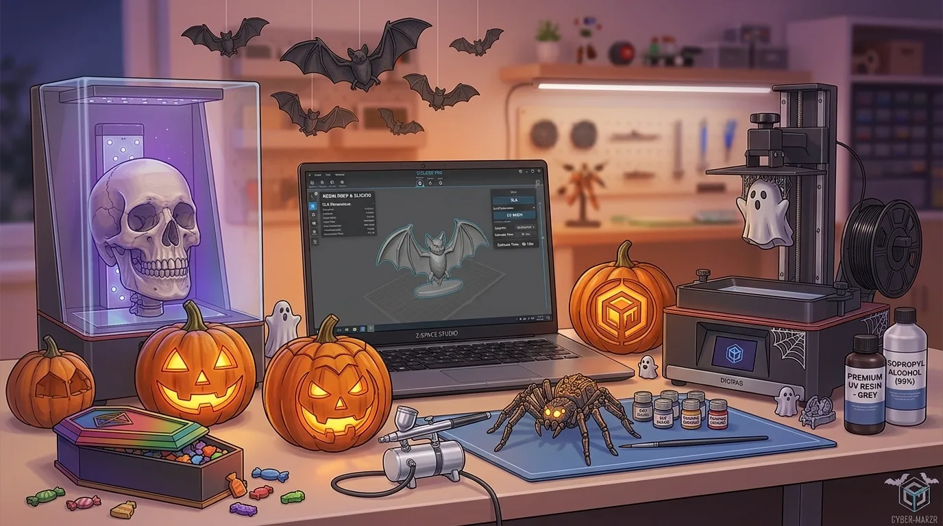 A Halloween-themed living room scene with 3D-printed bats on the wall and jack-o