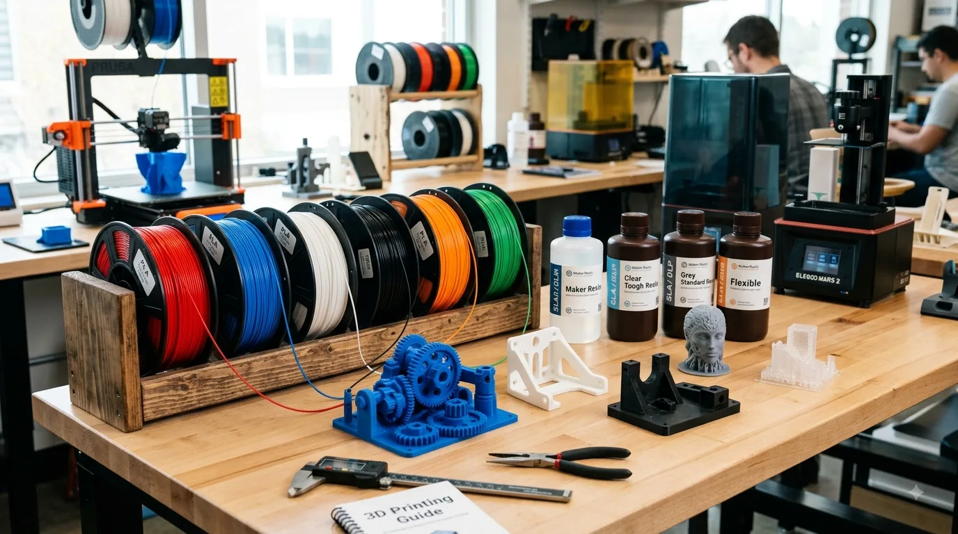 3D printing filament spools in different colors, resin bottles, and printed sample parts arranged on a workbench
