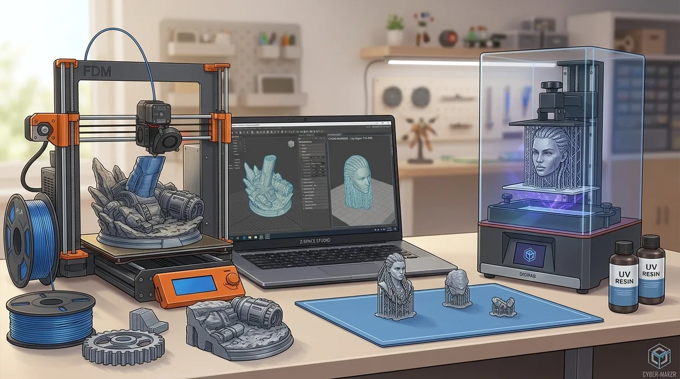An FDM printer printing a large figurine base on the left, and a resin printer printing a detailed character head on the right