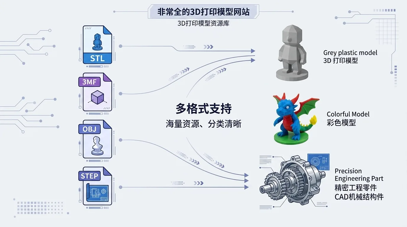 Four file icons labeled STL, 3MF, OBJ, and STEP, shown alongside a comparison of printable models, color models, and engineering parts