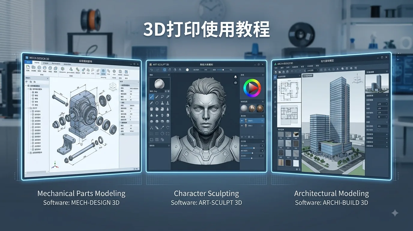 Interfaces of different types of 3D modeling software showing mechanical parts, character sculpting, and architectural models