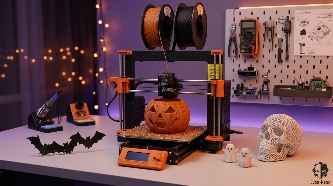 A desktop 3D printer printing an orange jack-o