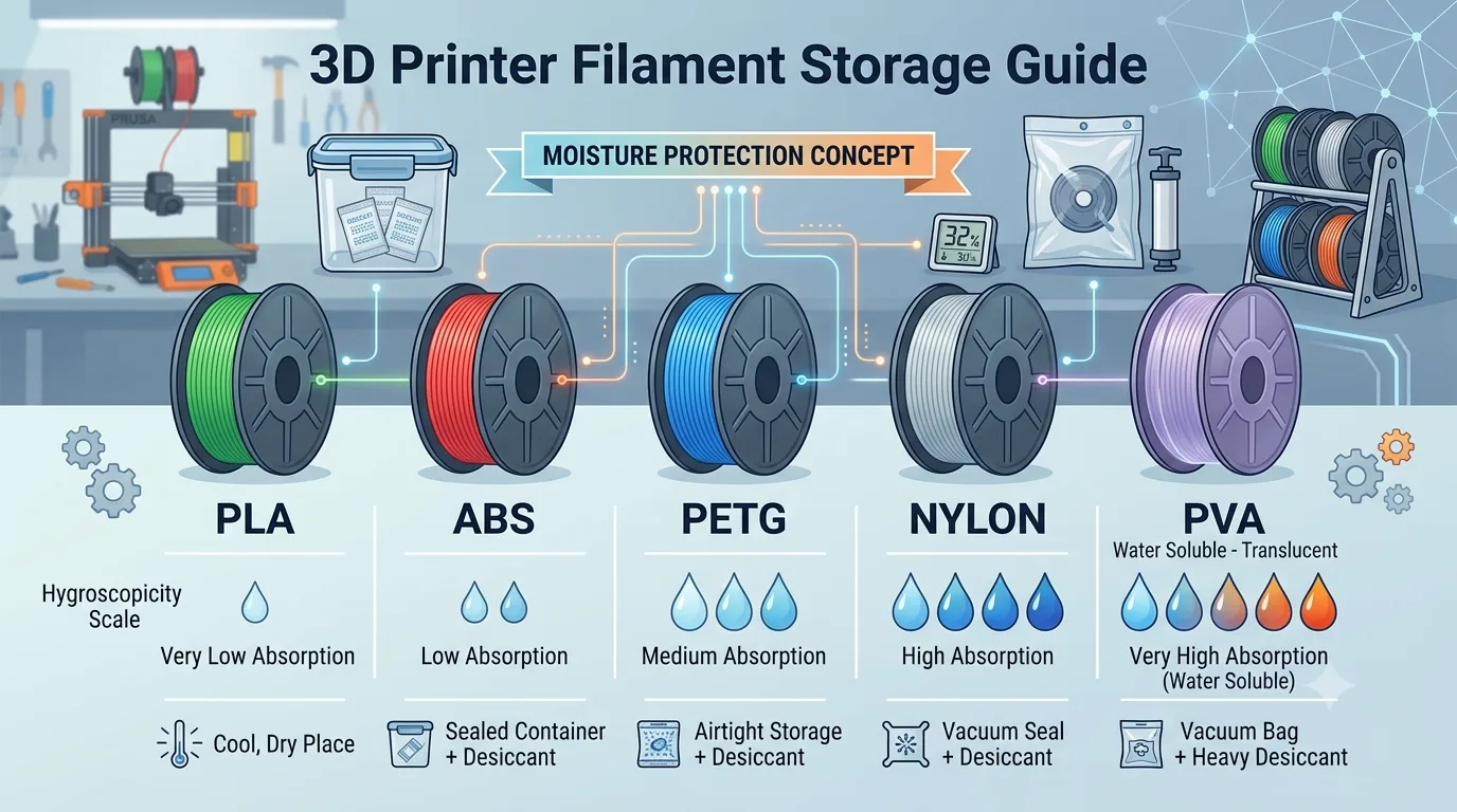 Different types of 3D printer filament labeled by moisture sensitivity, increasing from PLA to nylon