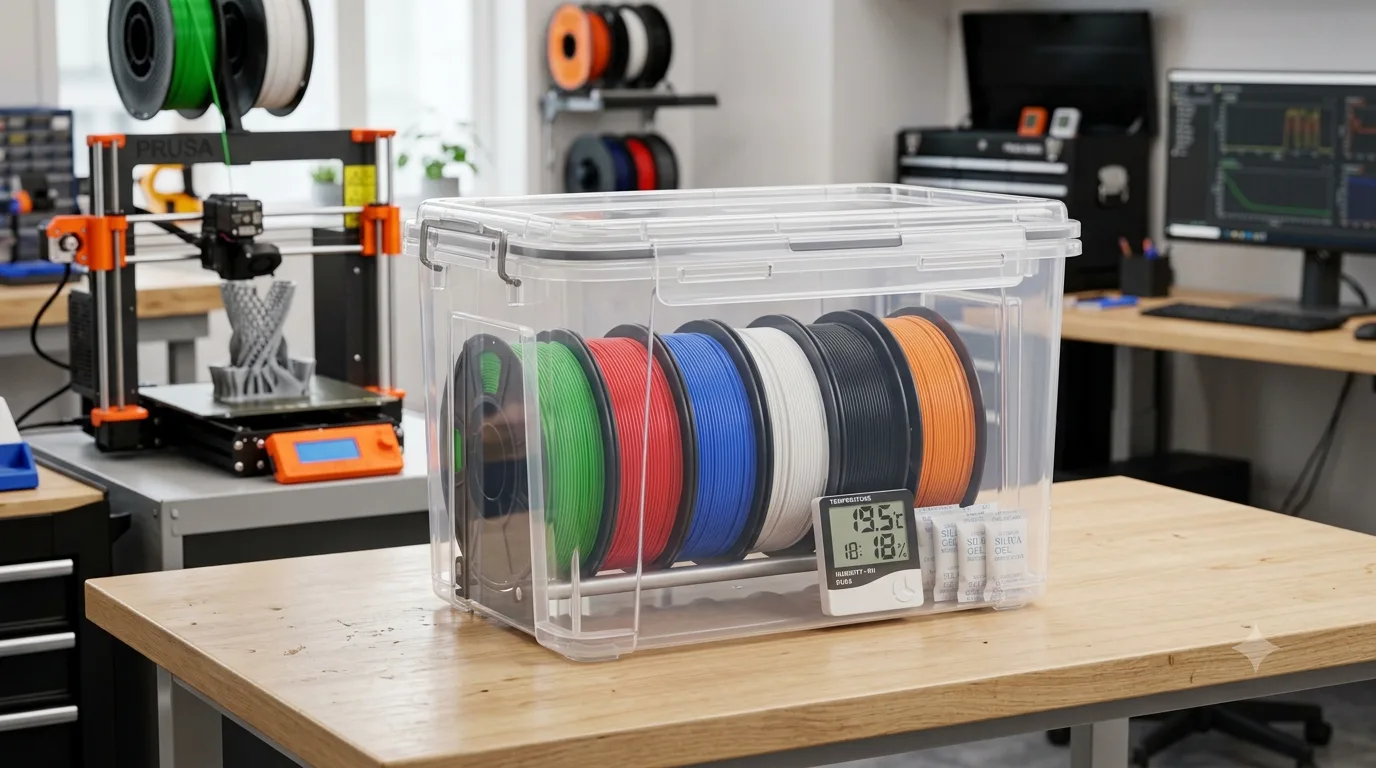 Multiple spools of 3D printer filament neatly stored in an airtight storage box with desiccant and a hygrometer nearby
