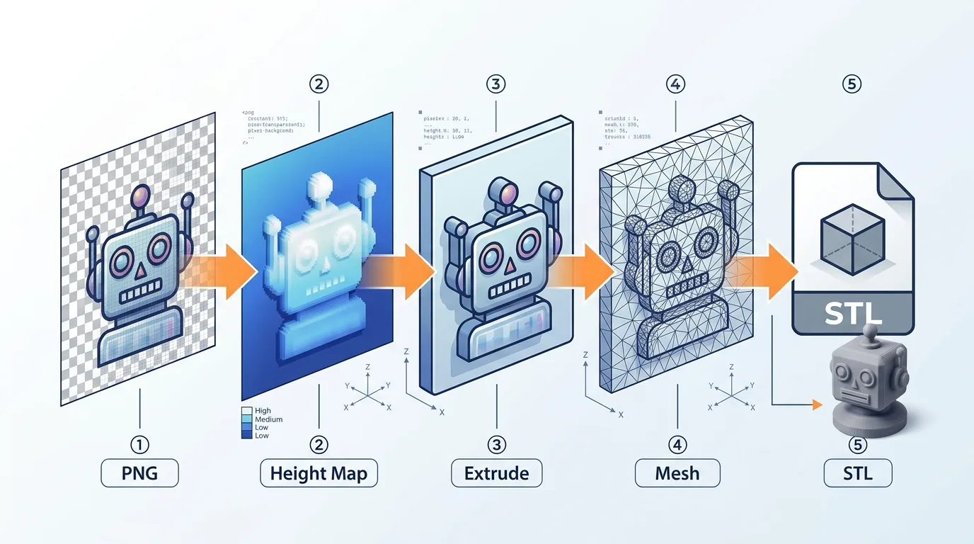 Diagram showing a PNG image gradually changing from flat pixels into a 3D STL mesh model
