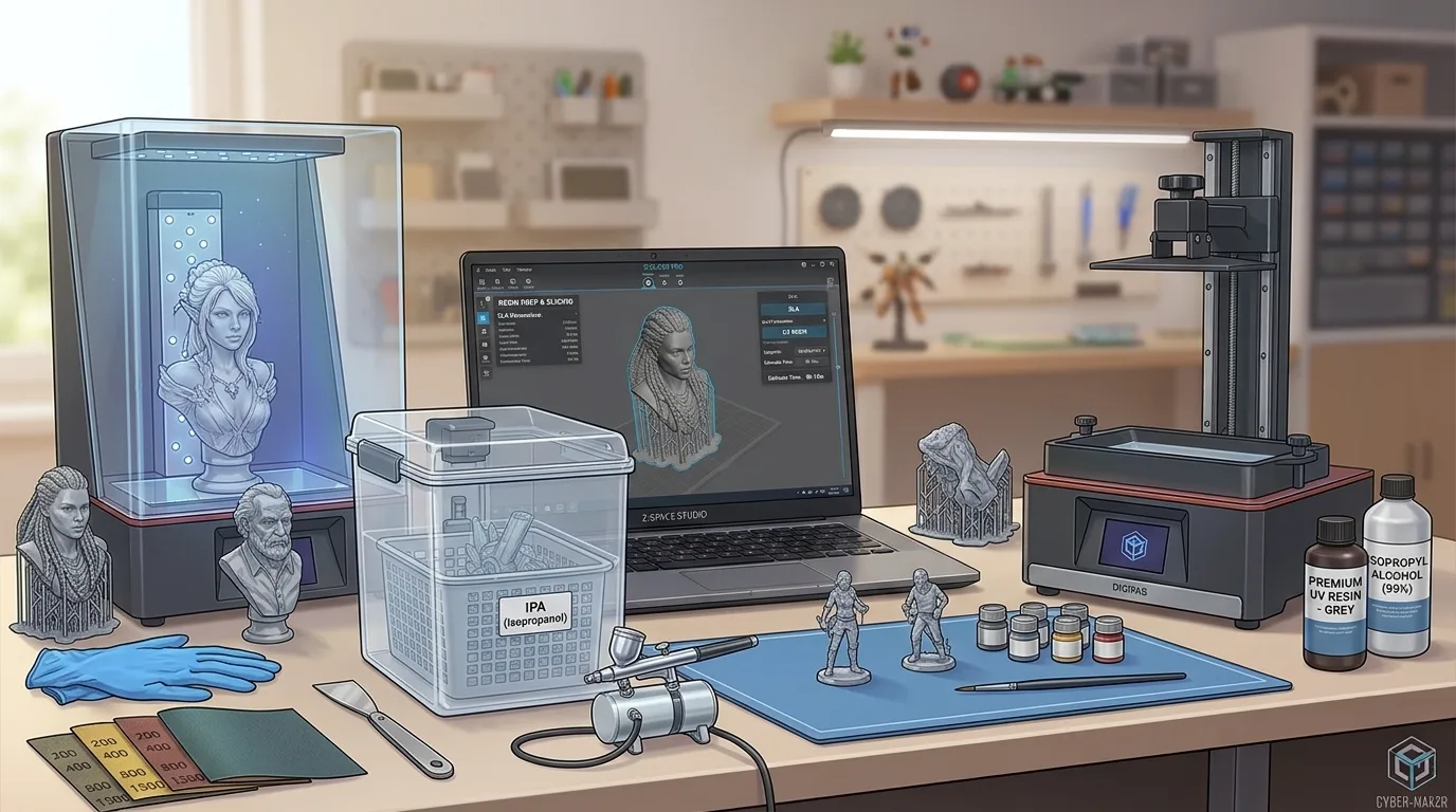 A resin 3D printer, curing lamp, wash container, gloves, scraper, sandpaper, and painting tools neatly arranged on a desk