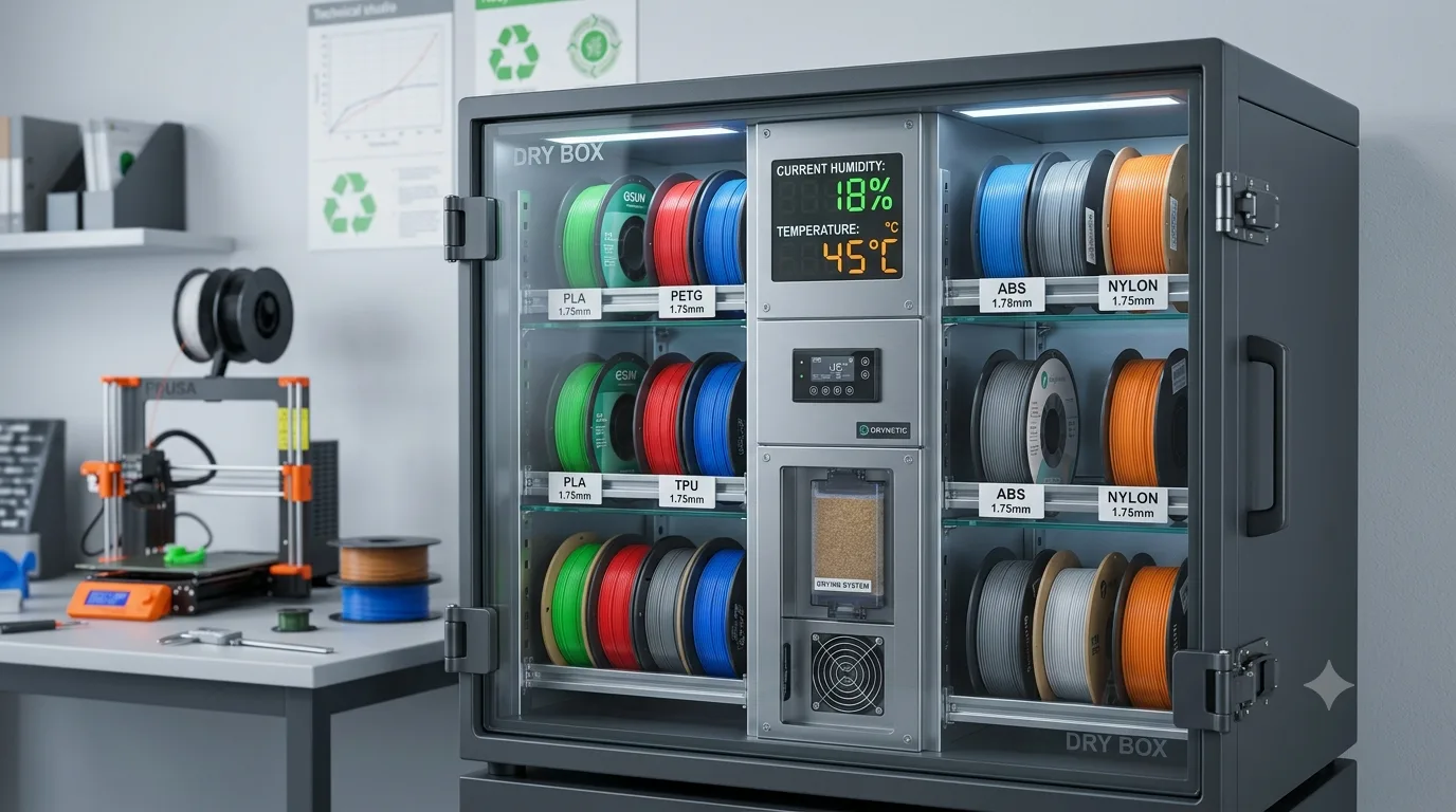 Multiple spools of 3D printer filament neatly arranged inside an electronic dry cabinet with a screen showing current humidity