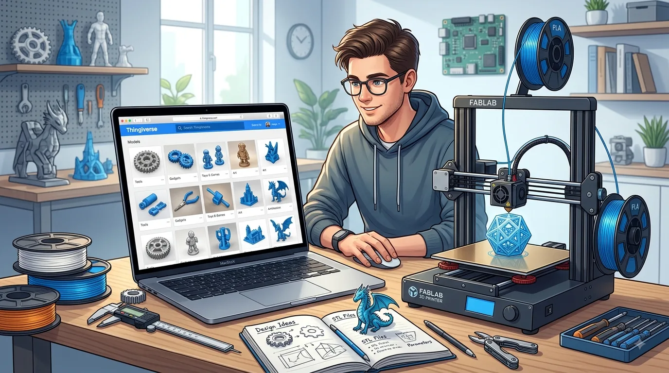A 3D printing enthusiast browsing the Thingiverse model library on a computer while a nearby 3D printer prints a small decorative object