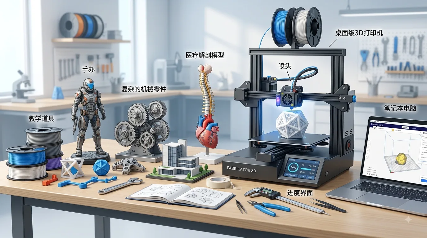 A tabletop display of 3D printed figurines, mechanical parts, architectural models, medical models, and teaching props