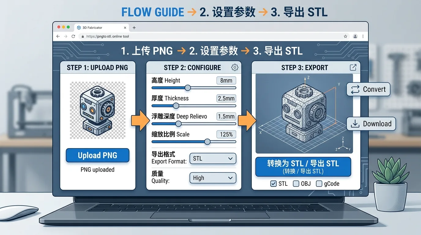 Illustration of a PNG-to-STL online tool opened in a browser, with settings for height, thickness, and export format