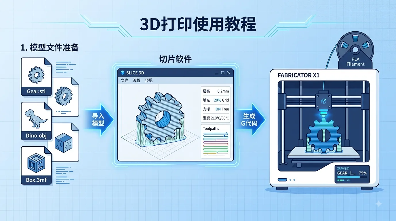 Workflow diagram showing multiple 3D model file icons connected to slicing software and then output to a 3D printer