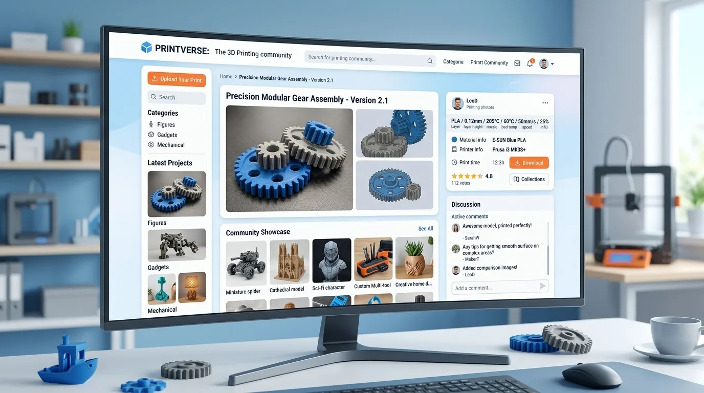 A model community page displaying various refined 3D printed works, with a user reviewing comments, print settings, and photos of finished prints