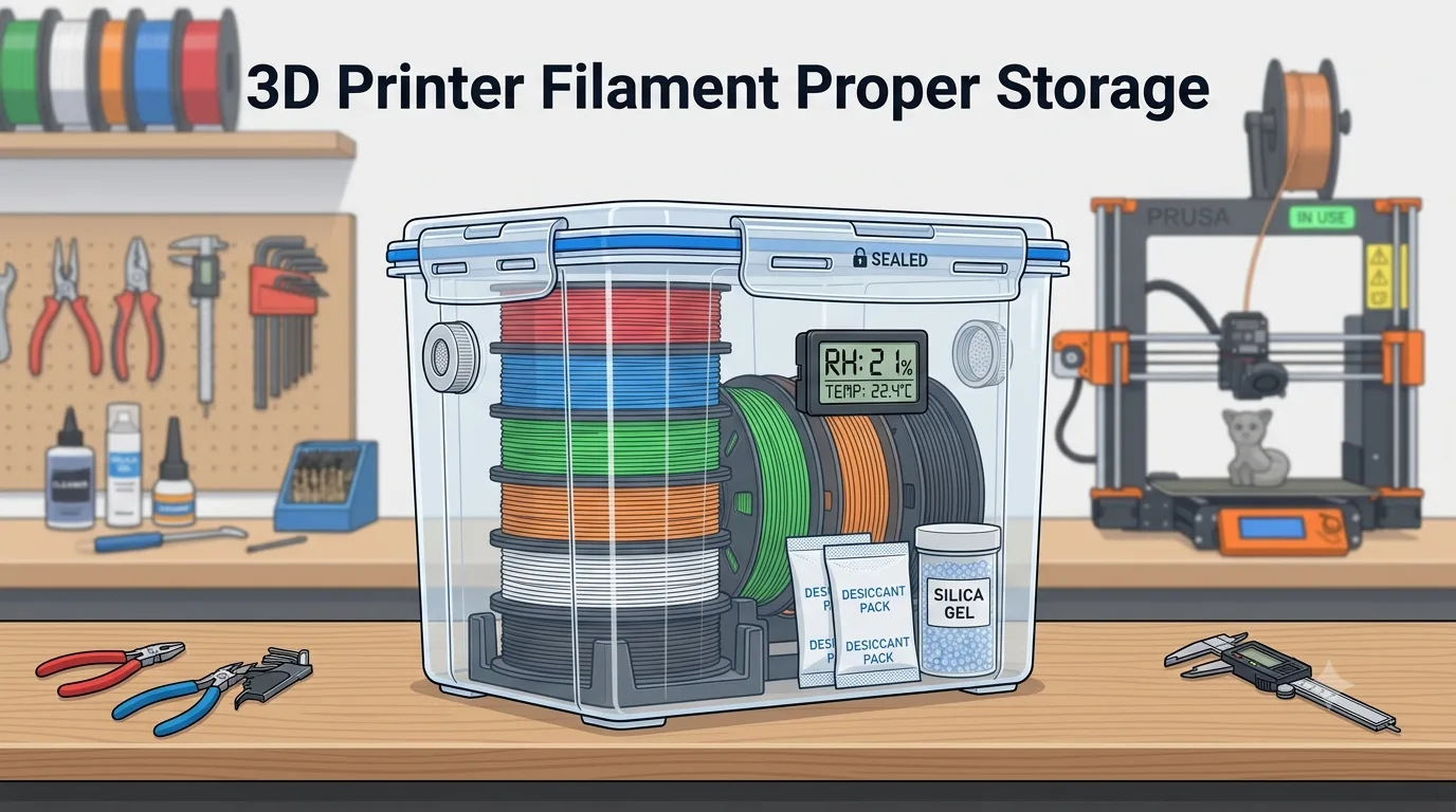 A temperature and humidity meter showing low humidity next to sealed 3D printer filament