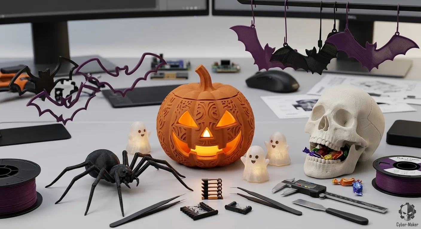 A collection of 3D-printed Halloween decorations including jack-o
